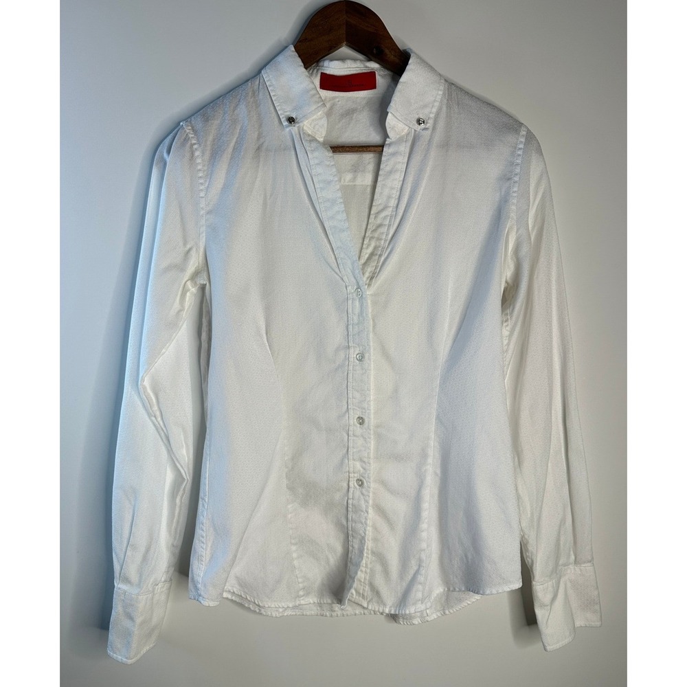 Carolina Herrera White Button Down Shirt Jacquard Logo Pattern Sz 8 Quiet Luxury - Picture 2 of 13